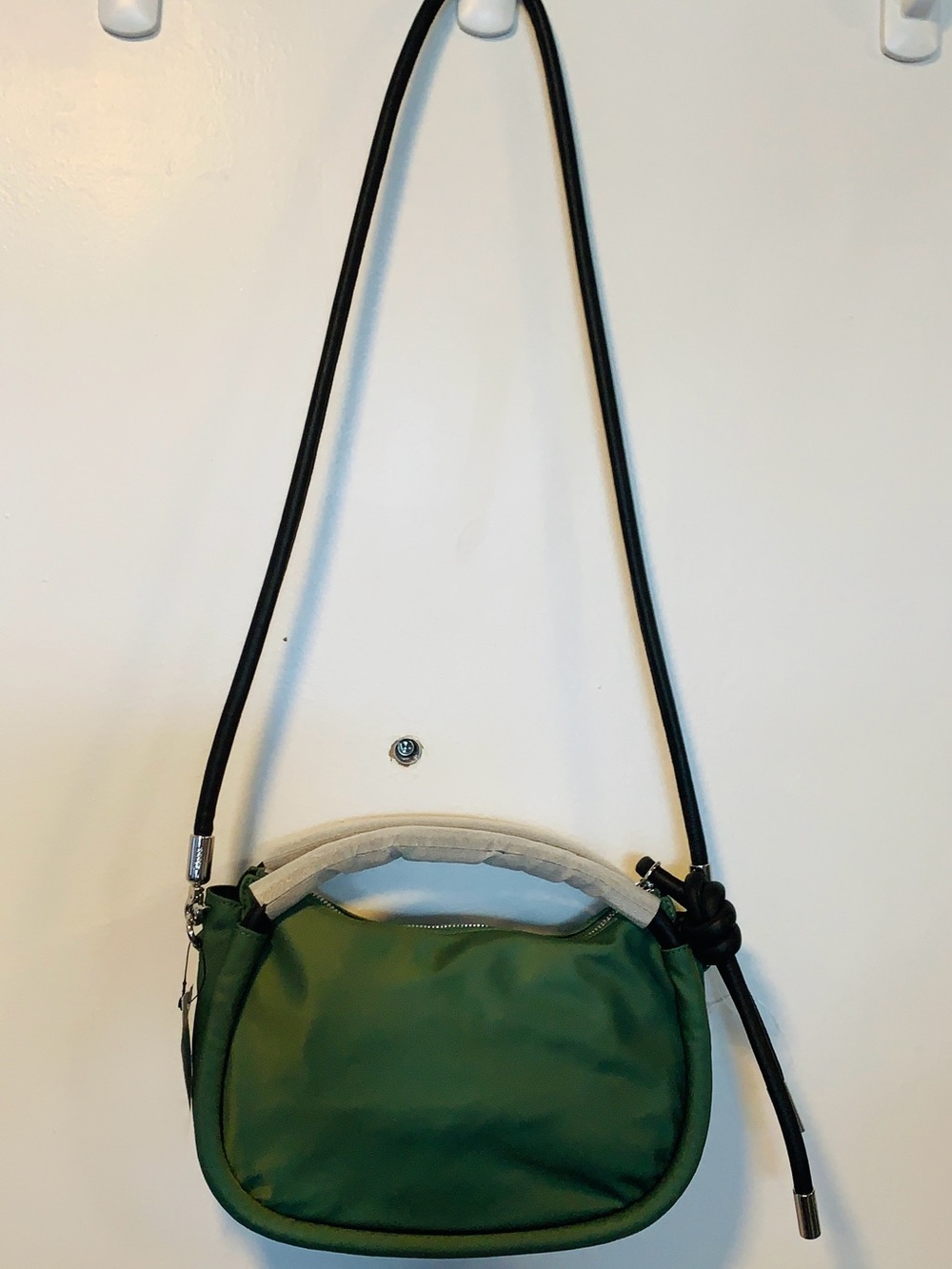 Ganni Green Shoulder Bag with Black Strap and Cream Handle